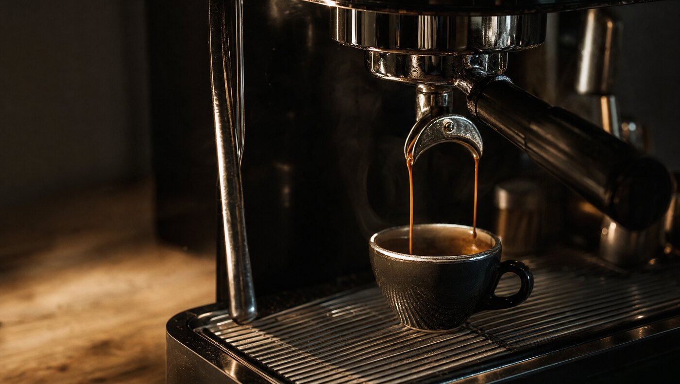 Espresso läuft aus dem Siebträger in eine dunkle Tasse, Nahaufnahme an der Barista-Maschine