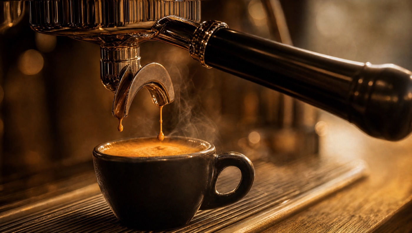 Espresso läuft aus dem Siebträger in eine dunkle Tasse, Nahaufnahme an der Barista-Maschine