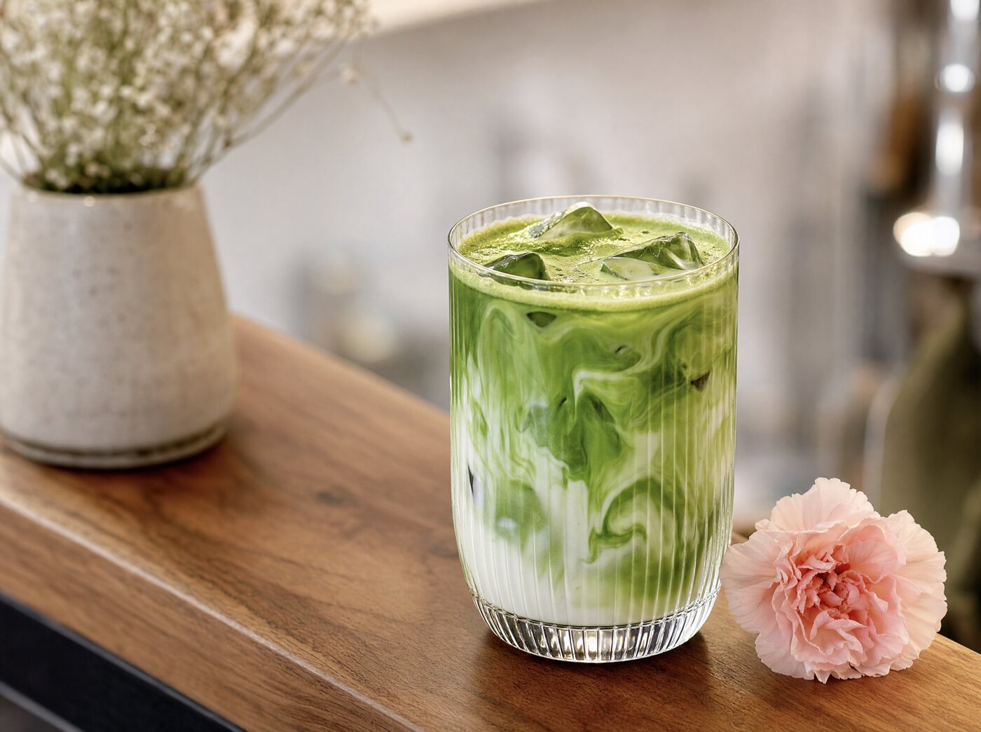 Eisgekühlter Matcha Latte mit echtem Fruchtpüree auf dem Tresen