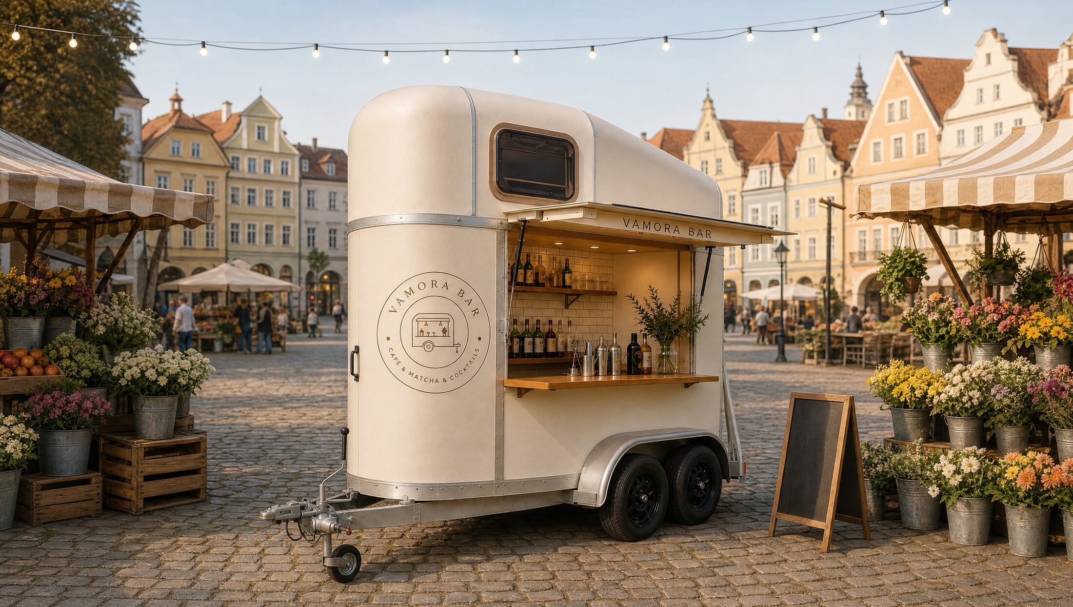 Vamora Bar auf einem Stadtfest, Gäste vor dem Anhänger bei Tageslicht